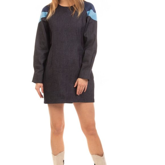 RIYKA Leonie Denim Mini Dress S Geometric Panels Long Sleeve Round Neck Cowgirl - Picture 3 of 7